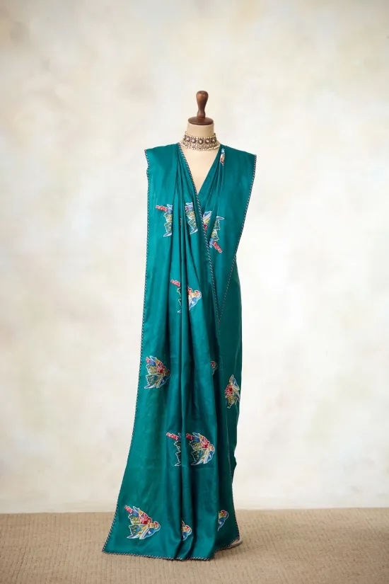 Teal Green Tussar Slik Saree