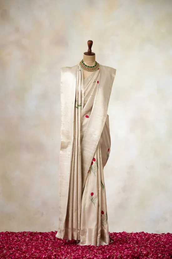 Ivory Kanjivaram Slik Saree