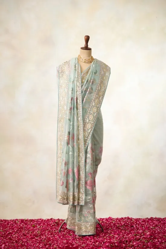 Aqua Blue Tissue Saree