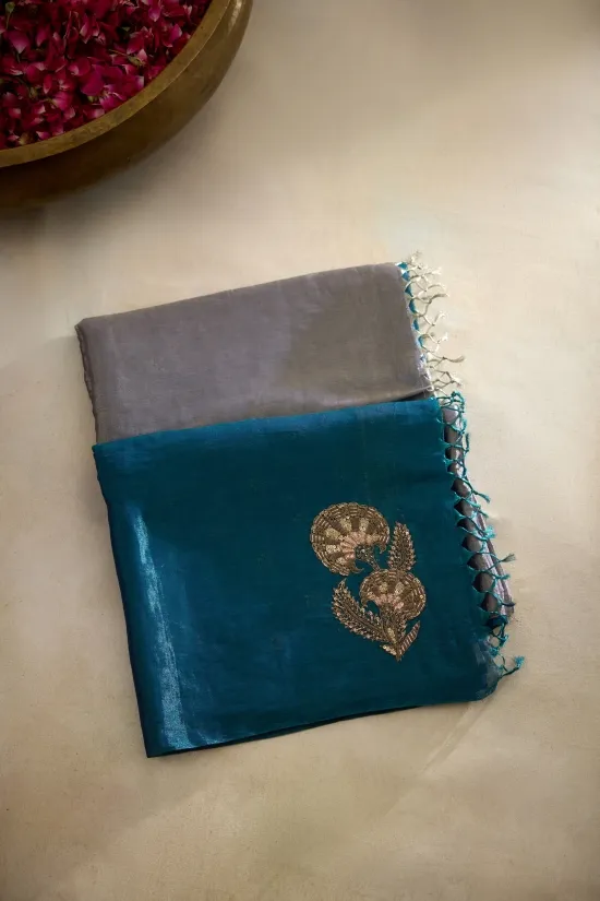 Silver & Teal Green Tissue Silk Saree