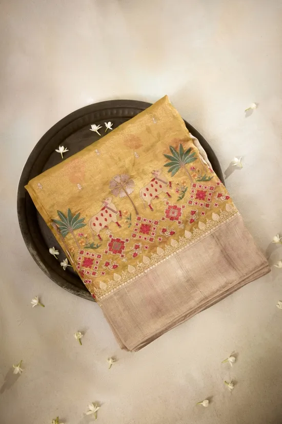 Lime Gold Tissue Silk Saree