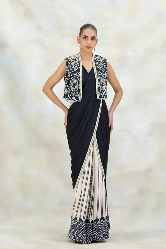 Black and Ivory Printed Crepe Drape Saree Black and Ivory Printed Crepe Drape Saree