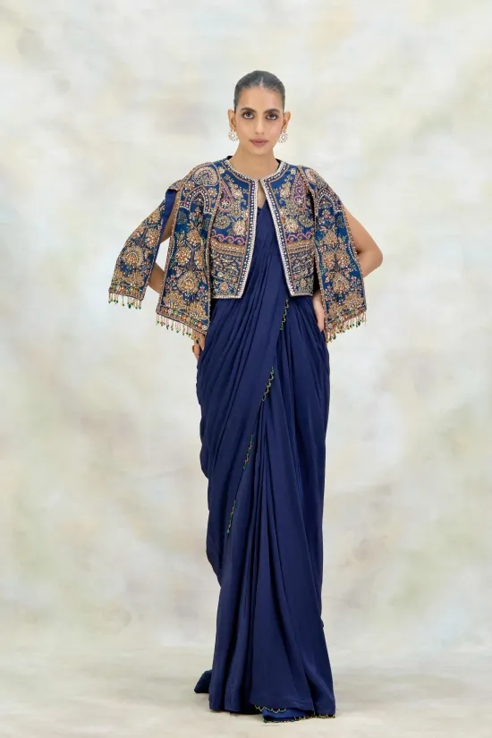 Navy Blue Crepe Drape Saree Navy Blue Crepe Drape Saree