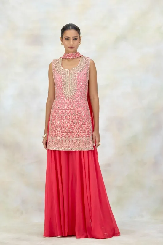 Coral Pink Georgette Sharara Set Coral Pink Georgette Sharara Set