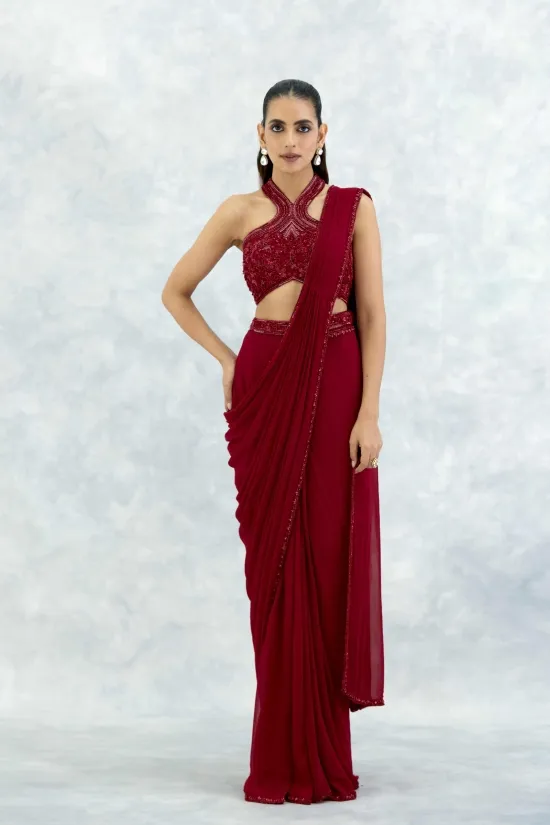 Deep Red Gerorgette Drape Saree