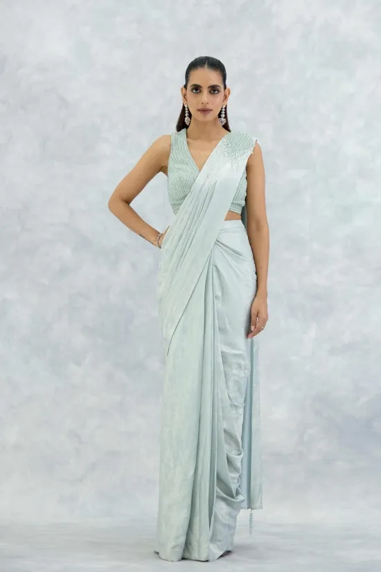 Ash Blue Lycra Net Drape Saree