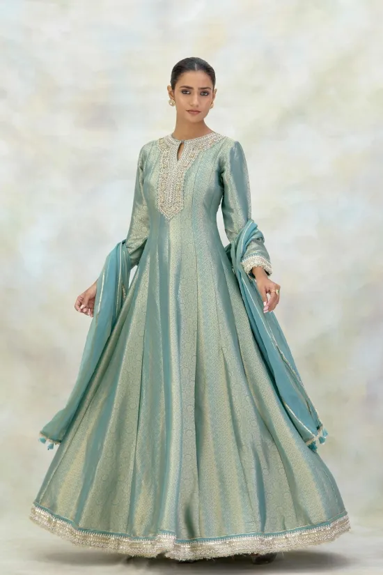 Powder Blue Banarasi Silk Anarkali Set Powder Blue Banarasi Silk Anarkali Set