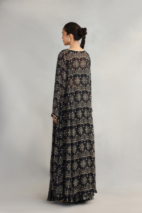 Black Printed Sequin Cape Suit