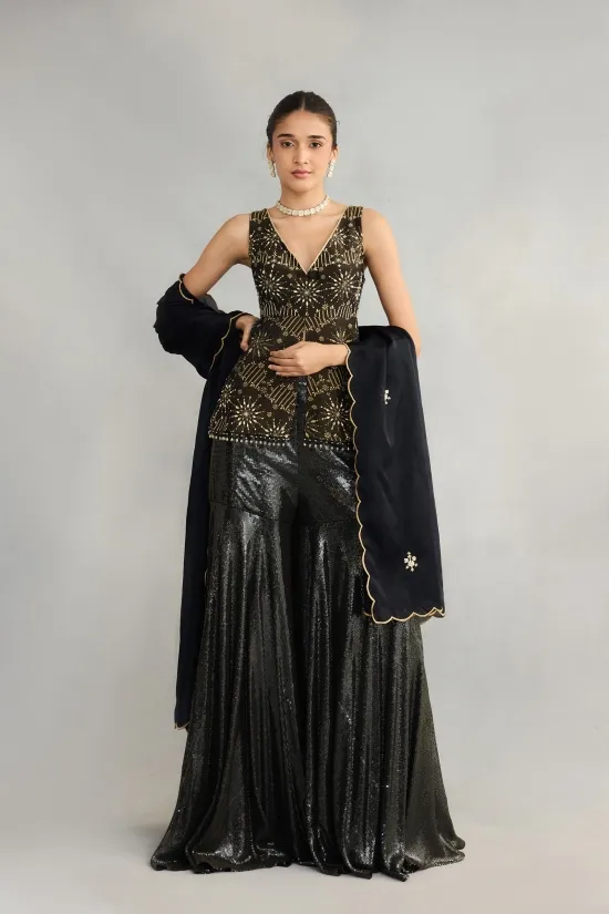 Black Sequin Printed Sharara Set