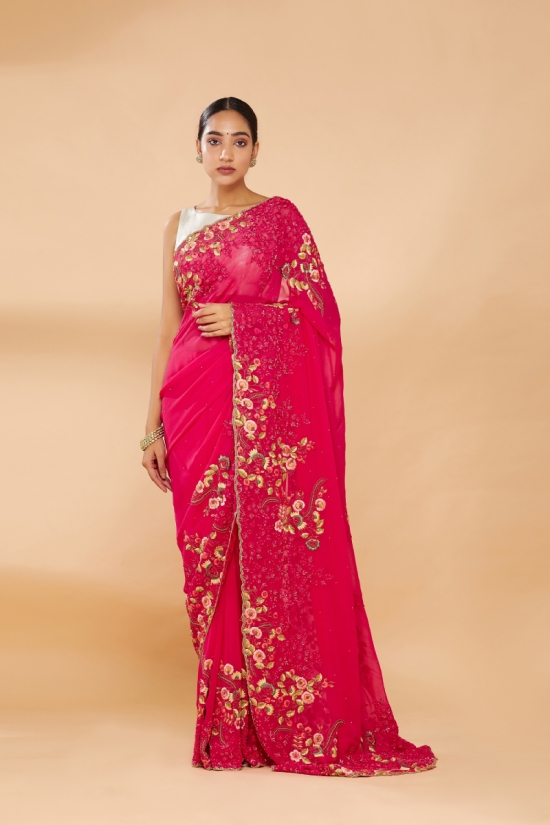 Ruby Pink Embroidered Saree