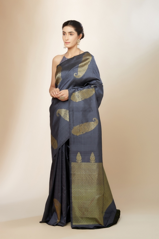 Dark Grey Kanjivaram Silk Saree