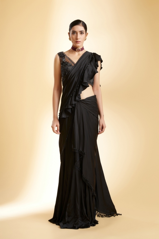 Black Satin Drape Saree