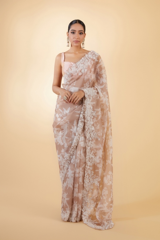 Dusty Peach Organza Chanderi Saree