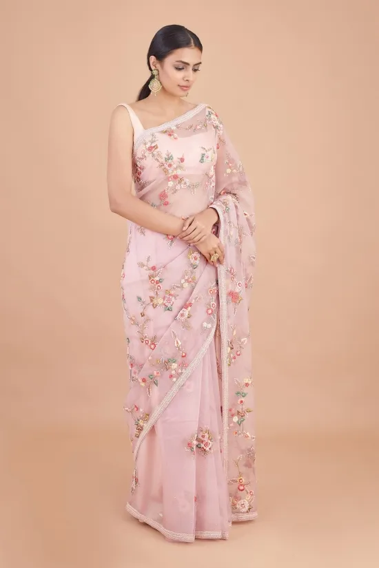 Light Rose Pink Organza Saree