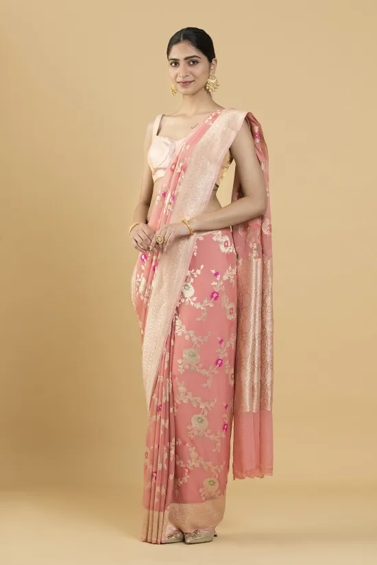 Peach Floral Meenakari Georgette Saree