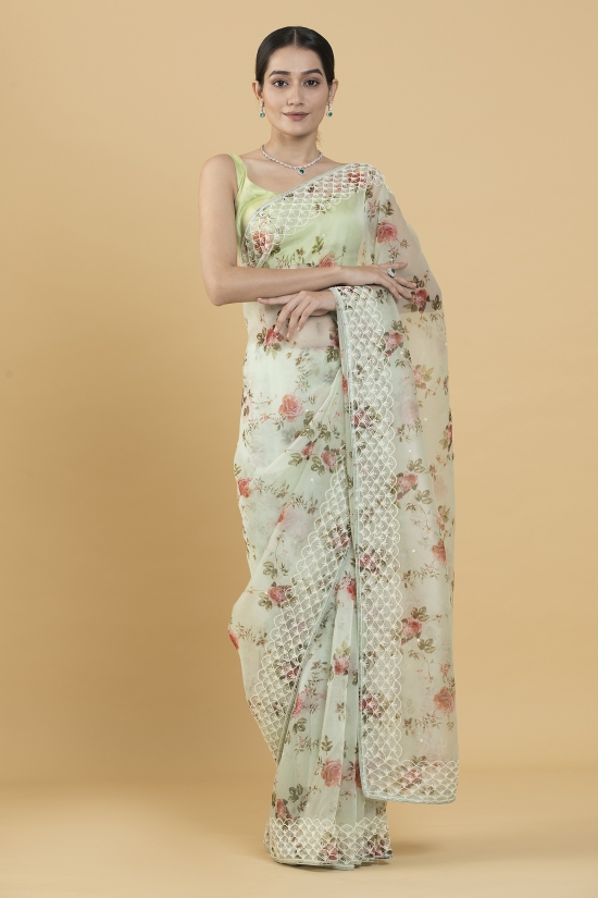Mint Green Floral Print Embellished Organza Saree