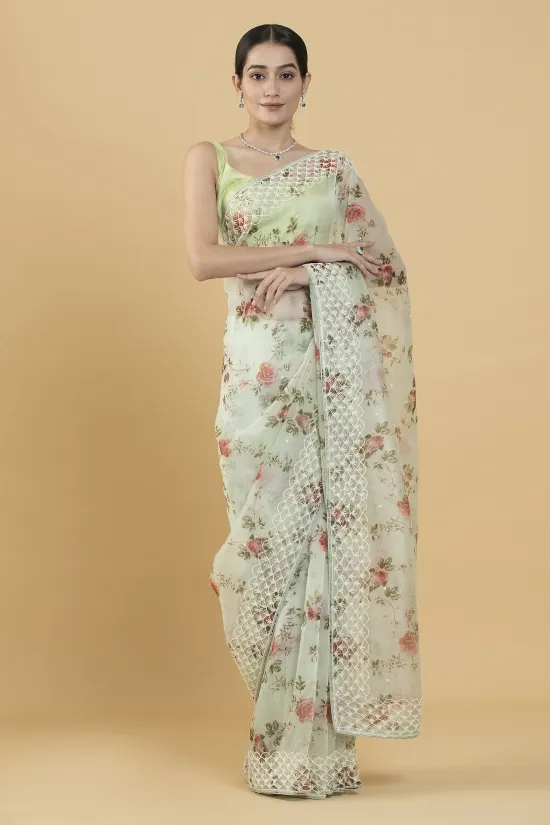Mint Green Floral Print Embellished Organza Saree
