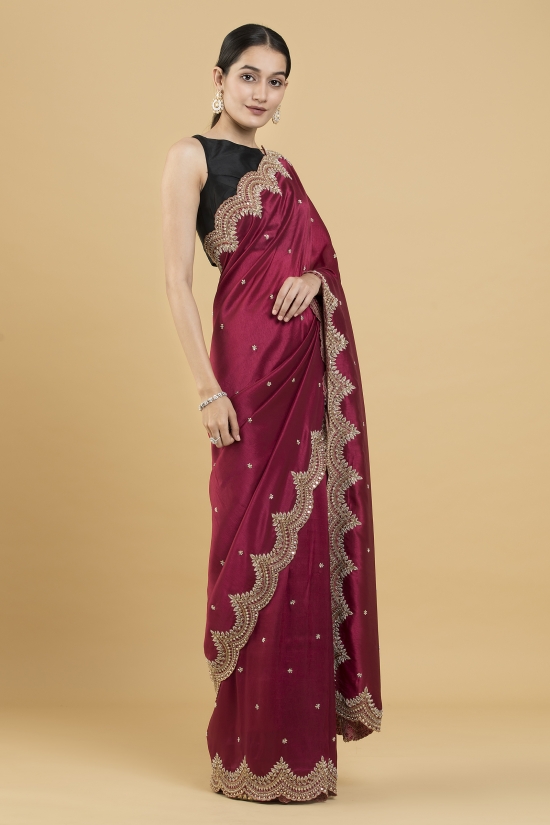 Maroon Embroidered Silk Saree