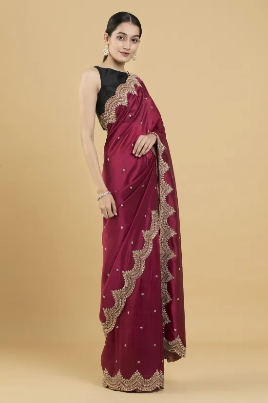 Maroon Embroidered Silk Saree