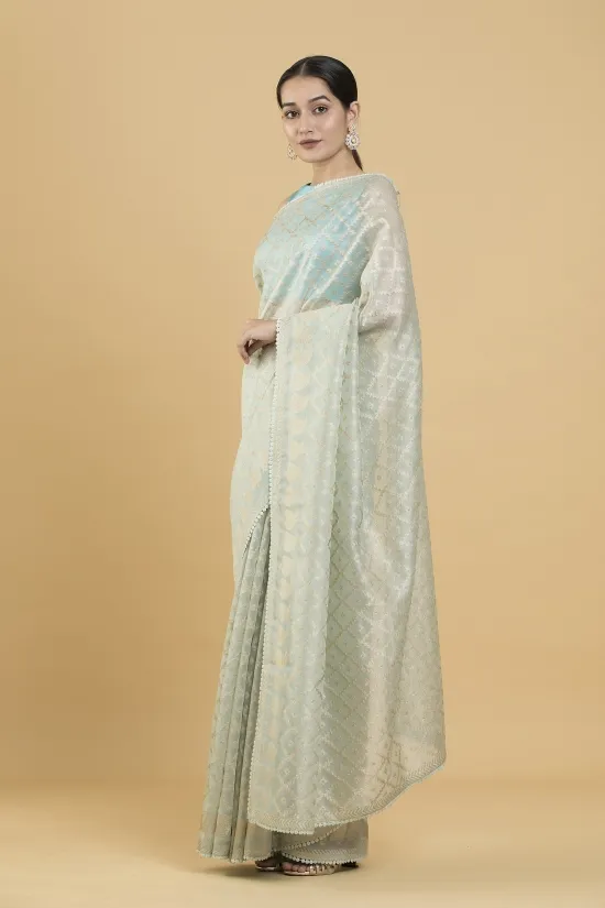Mint Green Motif Zari Weave Organza Saree