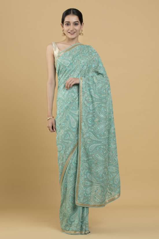 Turquoise Resham Embroidered Paisley Motif Saree