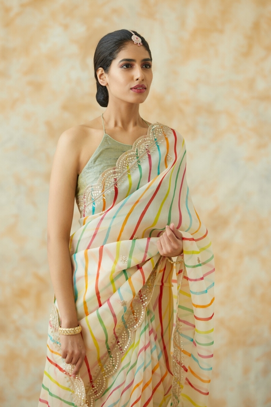 Cream Organza Lehriya Saree