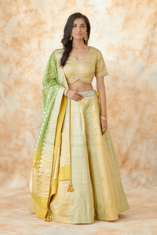 Sand Yellow Green Banarasi Silk Lehenga