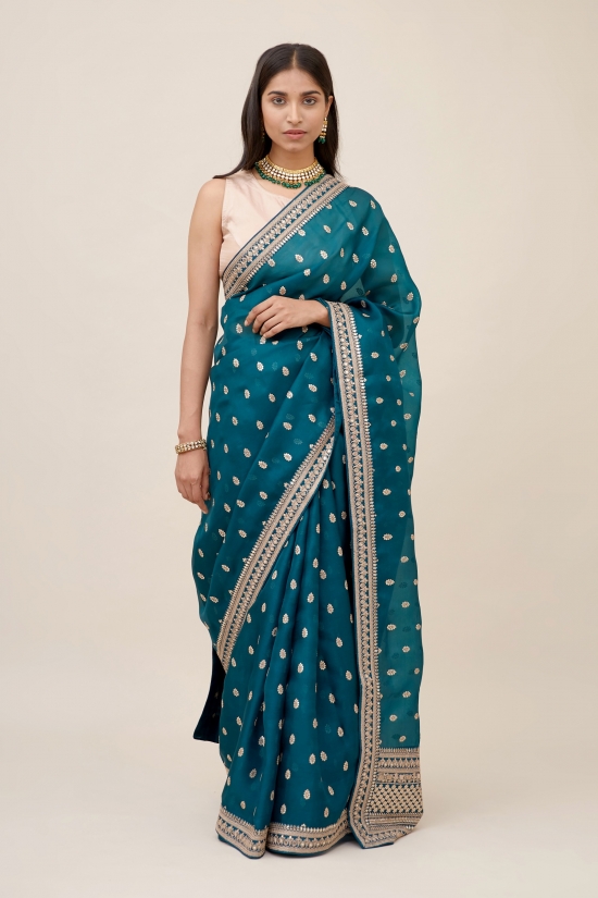 Turquoise Green Organza Saree