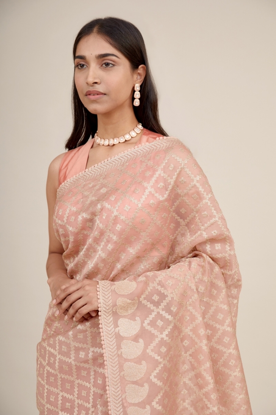 Pastel Peach Organza Saree