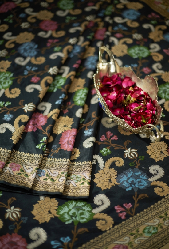 Ash Black Pure Zari Silk Saree