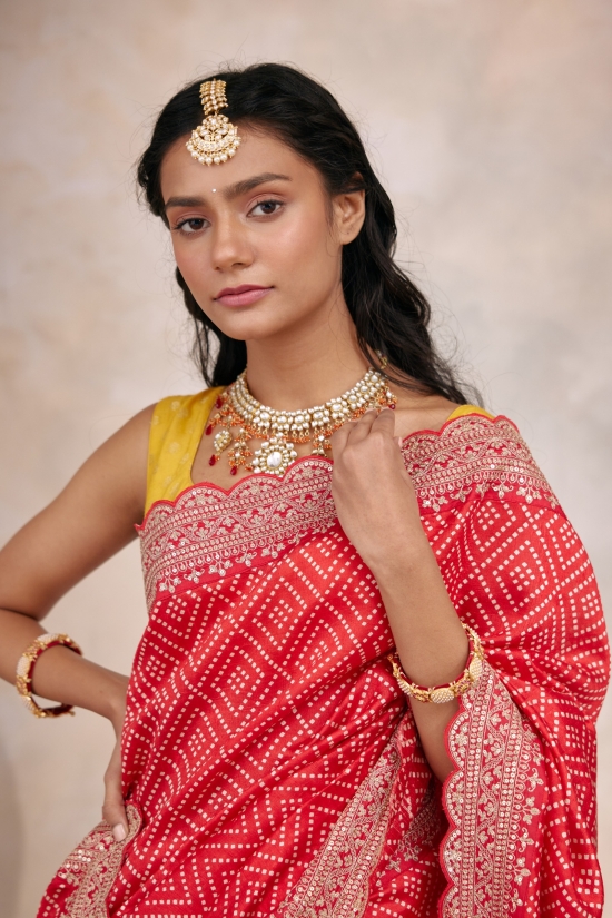 Vermillion Red Bandhani Tussar Silk Saree