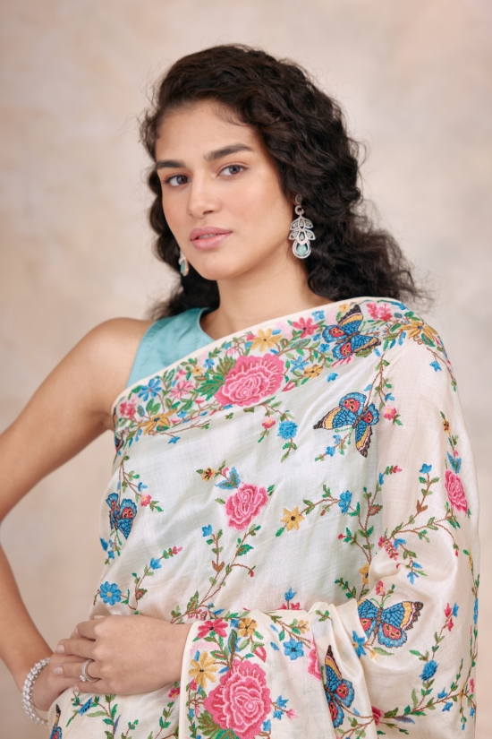 Chantilly White Tussar Silk Saree
