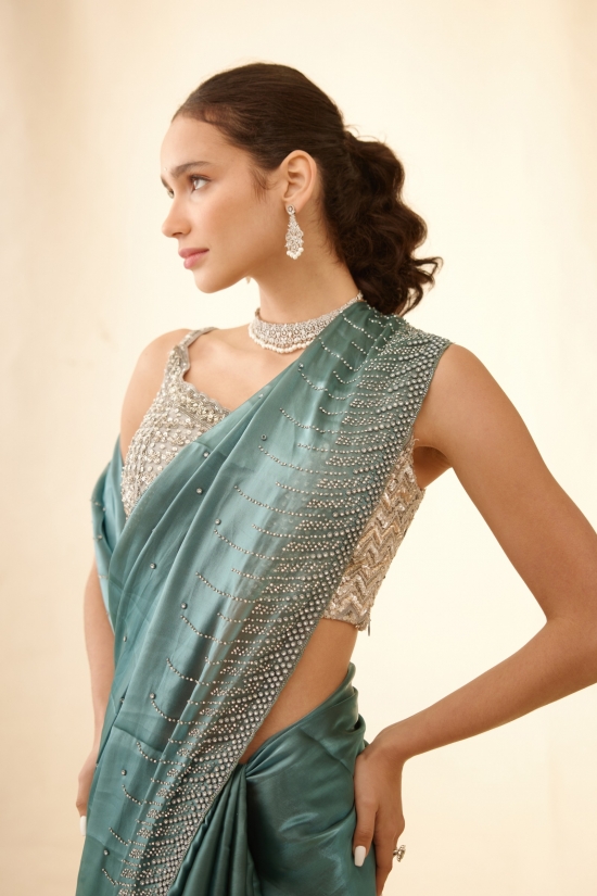 Metallic Teal Organza Satin Saree