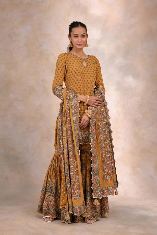 Buy Mustard Embroidered Silk Blend Straight Sharara Suit Set With Dupatta  Online at Rs.3119