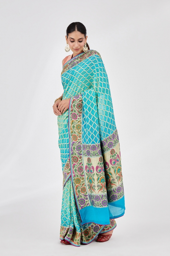 Sea Green Meenakari Bandhani Saree