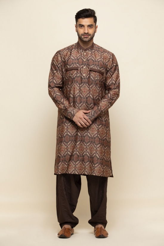 Raw Umber Ikat Silk Pathani Suit