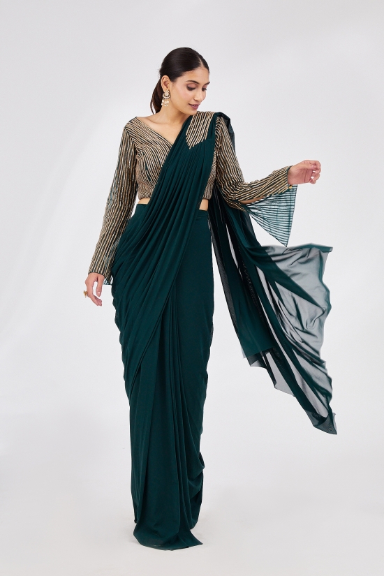 Bottle Green Drape Saree