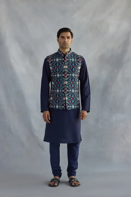 Navy Blue Silk Half Jacket Set