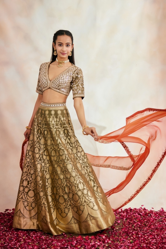 Henna Green Banarasi Silk Lehenga