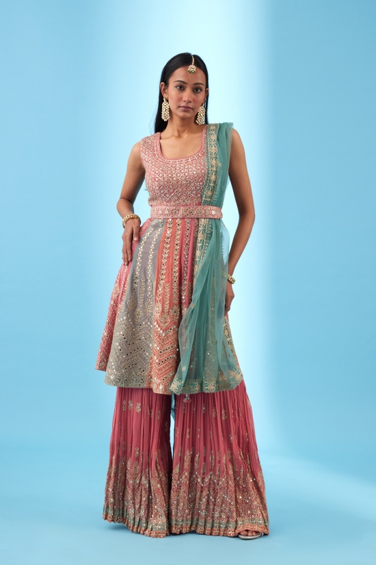 Coral Georgette Peplum Garara Set