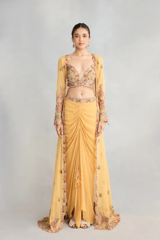 Gamboge Georgette Cape Skirt Set