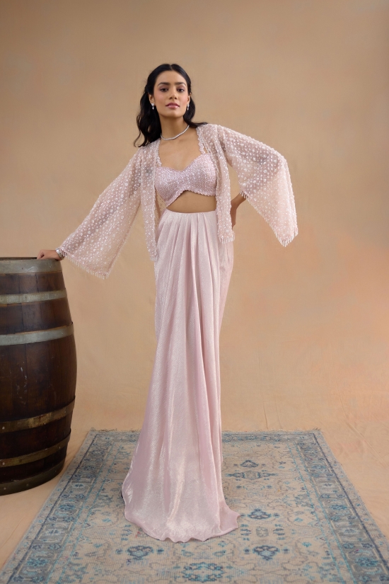 Dusty Pink Drape Saree Set