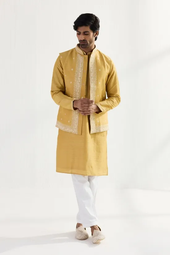 Yellow Ochre Silk Half Jacket Set
