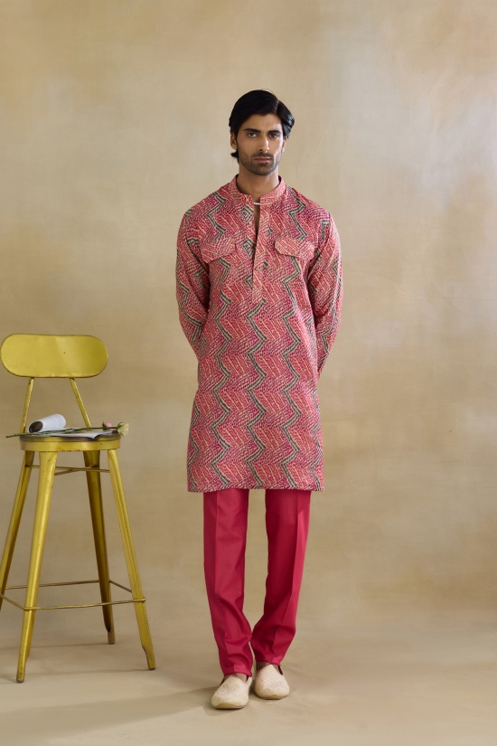 Rani Pink Printed Silk Kurta Set