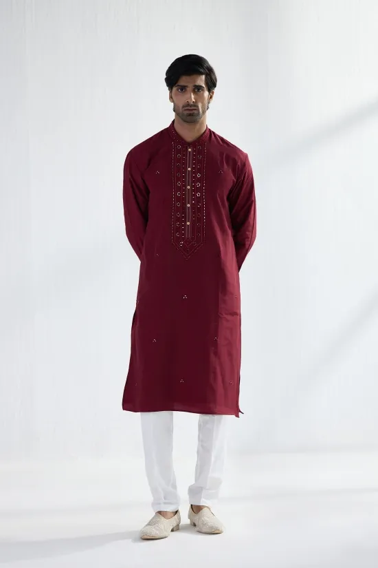 Maroon Cotton Mirror Kurta Set