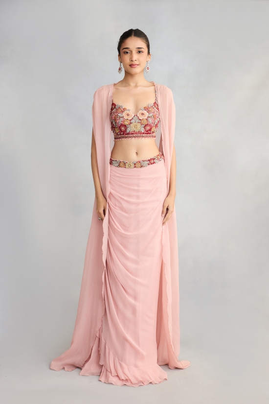 British Pink Geogette Cape Skirt Set