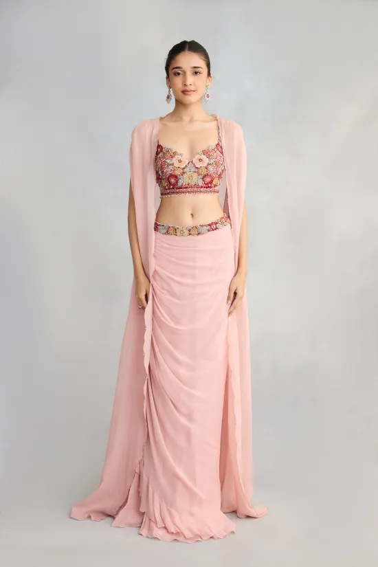 British Pink Geogette Cape Skirt Set