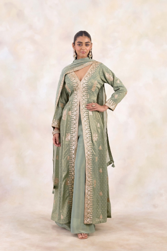 Olive Mist Tissue Sharara Set 