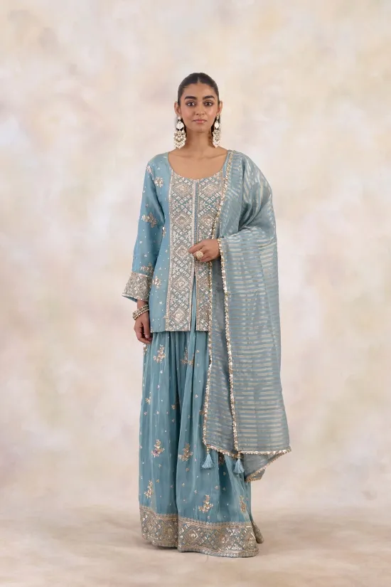 Dusty Ocean Tissue Lehenga Set 