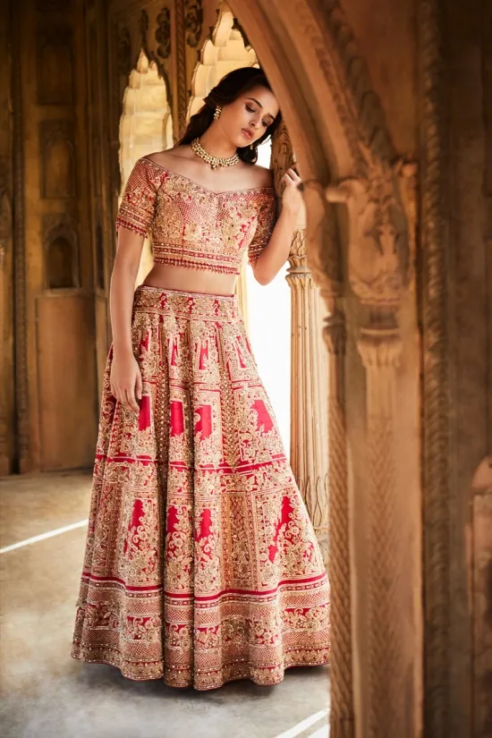 Coral Embroidered Bridal Lehenga